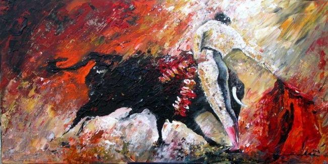 Painting titled "Bullfight 66" by Miki De Goodaboom, Original Artwork, Oil