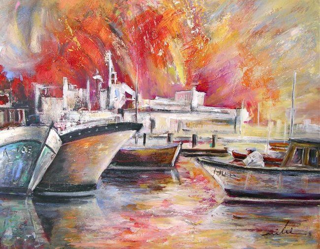 Painting titled "Boats in Calpe 3" by Miki De Goodaboom, Original Artwork, Oil