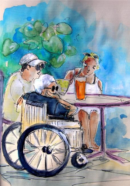 Painting titled "In The Wheel Chair" by Miki De Goodaboom, Original Artwork, Oil