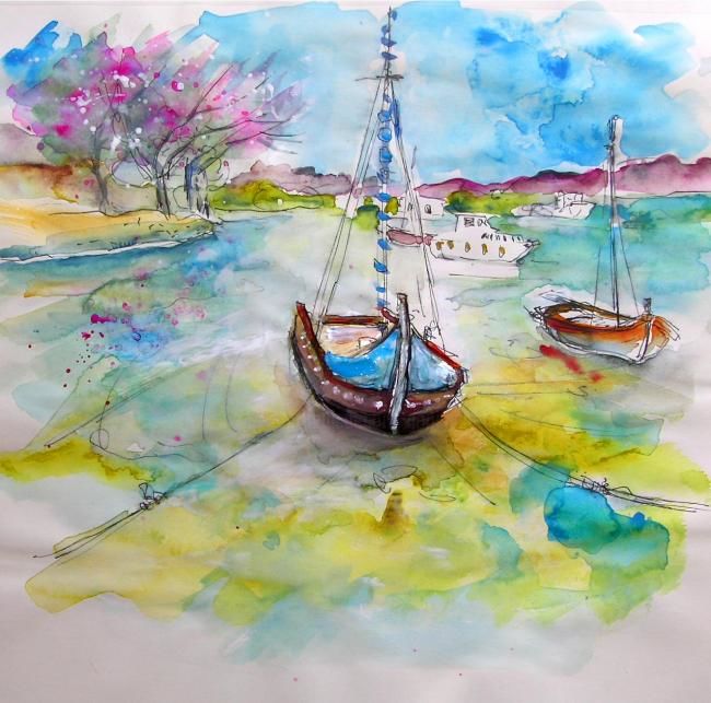 「Boats in Moita」というタイトルの絵画 Miki De Goodaboomによって, オリジナルのアートワーク, オイル