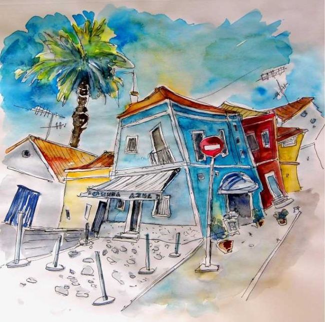 Schilderij getiteld "Houses in Moita" door Miki De Goodaboom, Origineel Kunstwerk, Olie