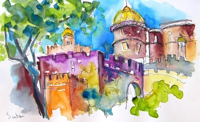 Painting titled "Castle in Sintra" by Miki De Goodaboom, Original Artwork, Oil