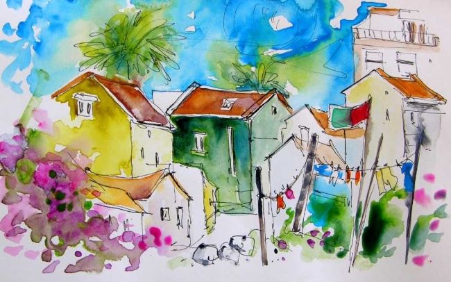 Painting titled "Houses in Peniche" by Miki De Goodaboom, Original Artwork, Oil