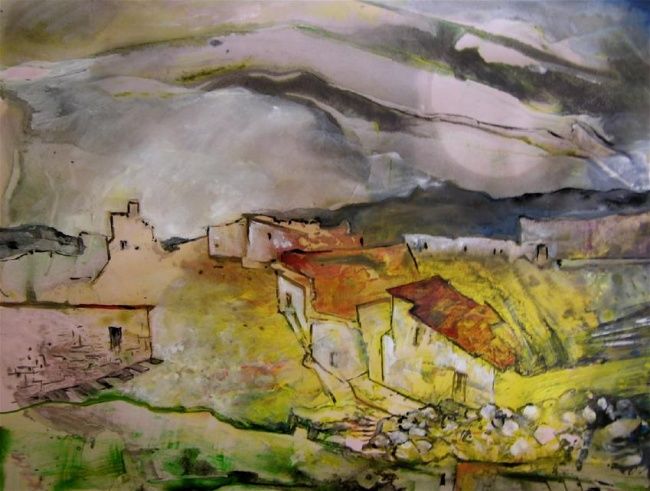 Painting titled "Village 1" by Miki De Goodaboom, Original Artwork, Oil