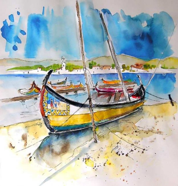 「Boats in Torreira」というタイトルの絵画 Miki De Goodaboomによって, オリジナルのアートワーク, オイル