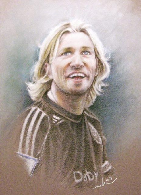 Painting titled "Robbie Savage" by Miki De Goodaboom, Original Artwork, Oil