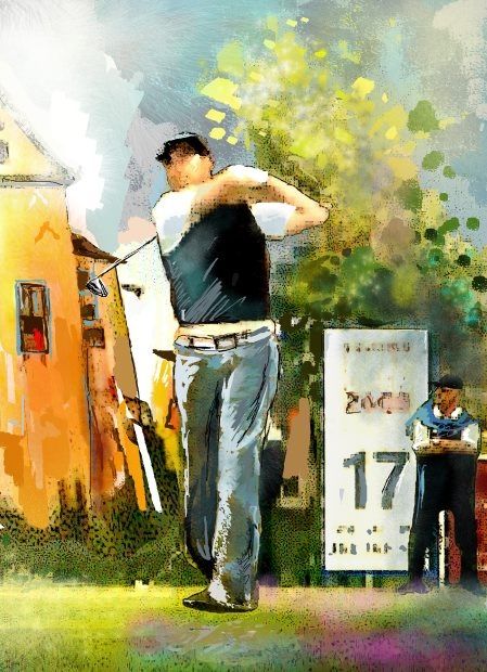 Malerei mit dem Titel "Golf in Club Fontan…" von Miki De Goodaboom, Original-Kunstwerk, Öl