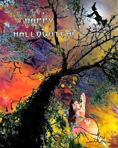 Painting titled "Happy Hallowitch" by Miki De Goodaboom, Original Artwork, Oil