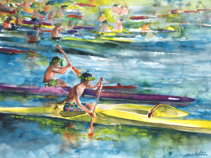 Painting titled "Canoe Race In Polyn…" by Miki De Goodaboom, Original Artwork, Oil