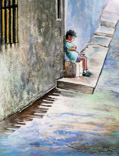 Painting titled "Lonely Child in Alt…" by Miki De Goodaboom, Original Artwork, Oil