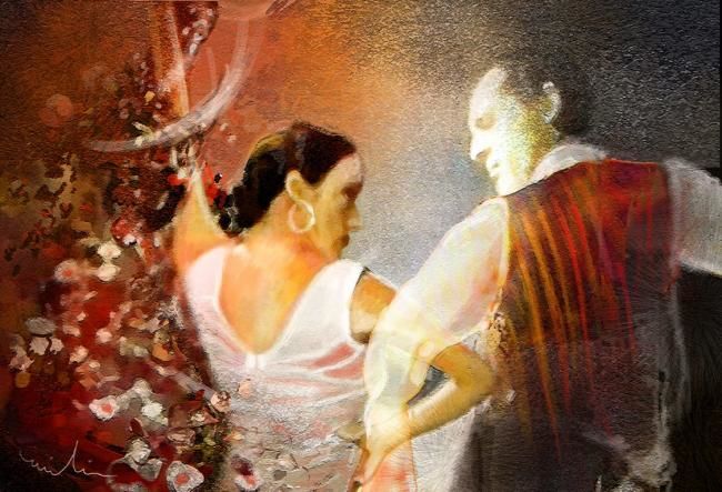 Schilderij getiteld "Flamencoscape 10" door Miki De Goodaboom, Origineel Kunstwerk, Olie