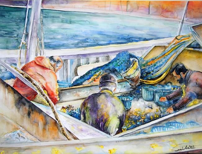 Painting titled "Fishermen in Calpe" by Miki De Goodaboom, Original Artwork, Oil
