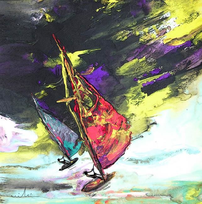 Painting titled "Windsurf Impression…" by Miki De Goodaboom, Original Artwork, Oil