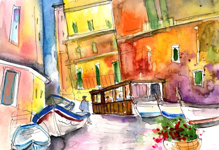 Painting titled "Manorola in Cinque…" by Miki De Goodaboom, Original Artwork, Watercolor