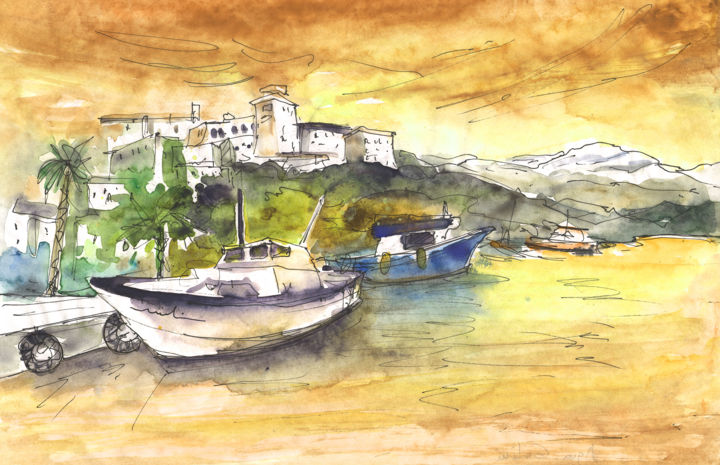 Schilderij getiteld "Boat in Agia Galini…" door Miki De Goodaboom, Origineel Kunstwerk, Aquarel