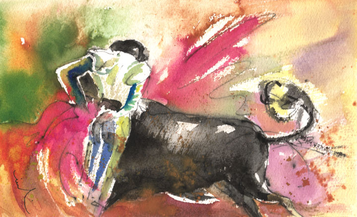 Peinture intitulée "Bullfighting With G…" par Miki De Goodaboom, Œuvre d'art originale, Aquarelle