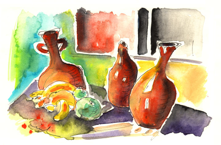 Painting titled "Still Life with Vas…" by Miki De Goodaboom, Original Artwork, Watercolor