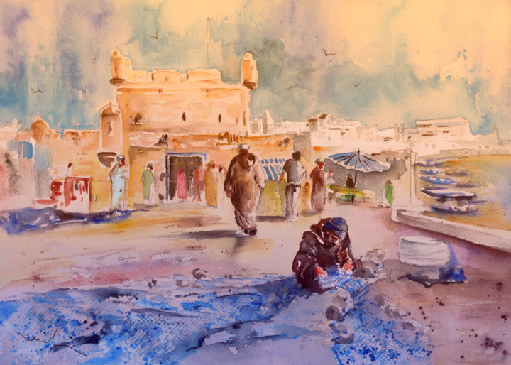 Painting titled "Essaouira Harbour 01" by Miki De Goodaboom, Original Artwork, Oil
