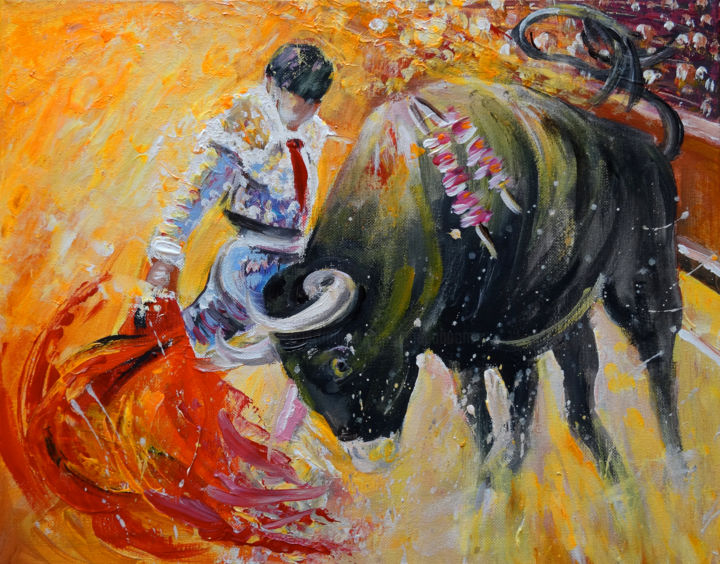 Ζωγραφική με τίτλο "Bullfighting in Neo…" από Miki De Goodaboom, Αυθεντικά έργα τέχνης, Ακρυλικό