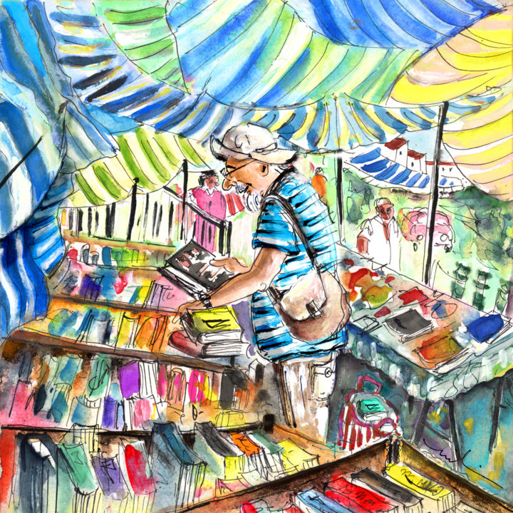 Painting titled "Book Stall on Turre…" by Miki De Goodaboom, Original Artwork, Watercolor