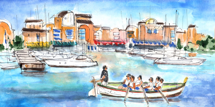 Peinture intitulée "Rowing In Gruissan" par Miki De Goodaboom, Œuvre d'art originale, Aquarelle