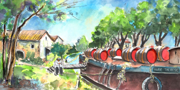 Malerei mit dem Titel "Old Wine Barge by N…" von Miki De Goodaboom, Original-Kunstwerk, Aquarell