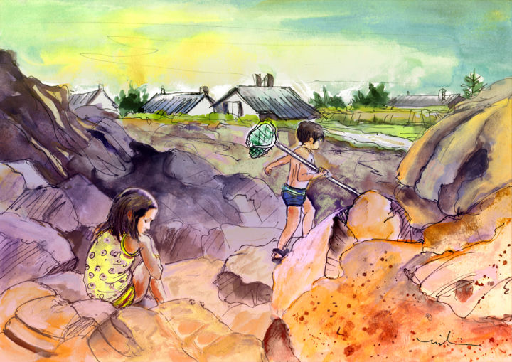 Painting titled "Children on The Roc…" by Miki De Goodaboom, Original Artwork, Watercolor