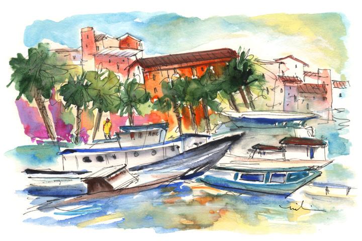 Painting titled "Boats in Porticello…" by Miki De Goodaboom, Original Artwork, Watercolor