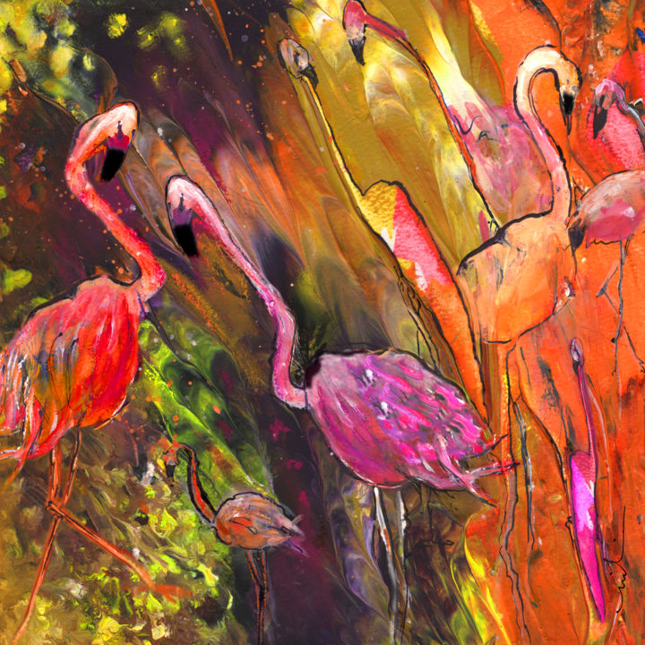 Painting titled "Flamingoes Wild" by Miki De Goodaboom, Original Artwork, Acrylic
