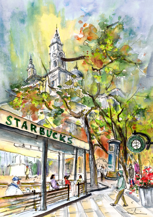 Painting titled "Starbucks Cafe In B…" by Miki De Goodaboom, Original Artwork, Watercolor
