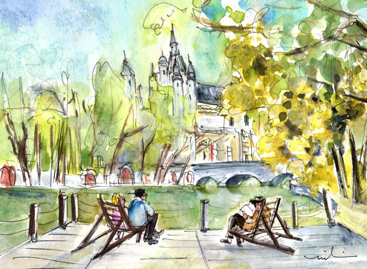 Painting titled "The City Park In Bu…" by Miki De Goodaboom, Original Artwork, Watercolor