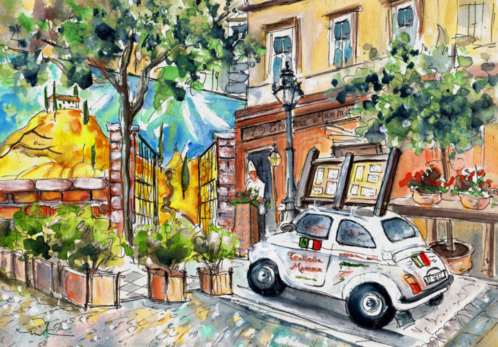 Painting titled "Trattoria Mamma In…" by Miki De Goodaboom, Original Artwork, Watercolor