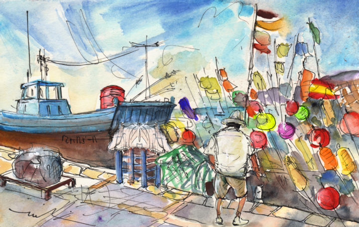 Painting titled "Peniscola Harbour 02" by Miki De Goodaboom, Original Artwork, Watercolor