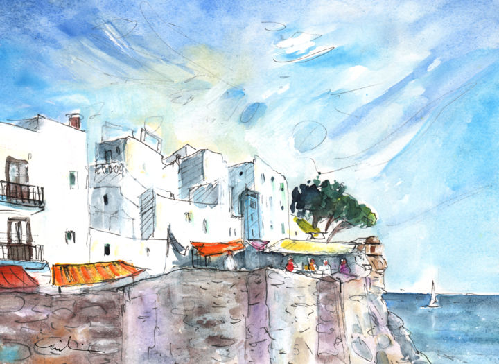 Painting titled "Peniscola Old Town…" by Miki De Goodaboom, Original Artwork, Watercolor