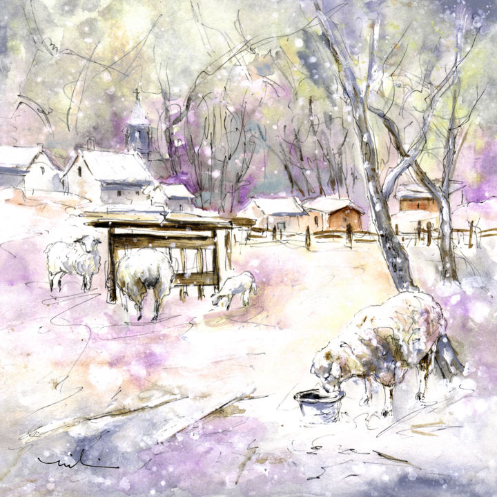 Pintura intitulada "Sheep In Snow In Ge…" por Miki De Goodaboom, Obras de arte originais, Aquarela