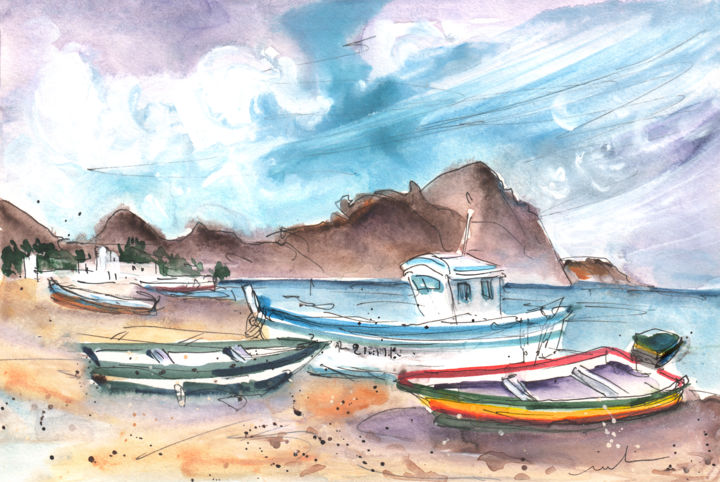 Painting titled "Boats In Las Negras…" by Miki De Goodaboom, Original Artwork, Watercolor