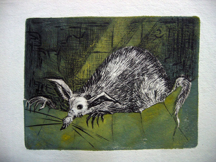 Prenten & gravures getiteld "Green Rat #ArtistSu…" door Goran Nemarnik, Origineel Kunstwerk, Linosnede