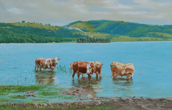 Painting titled "Cows on Vlasina" by Goran Vojinovic (VoG), Original Artwork, Oil