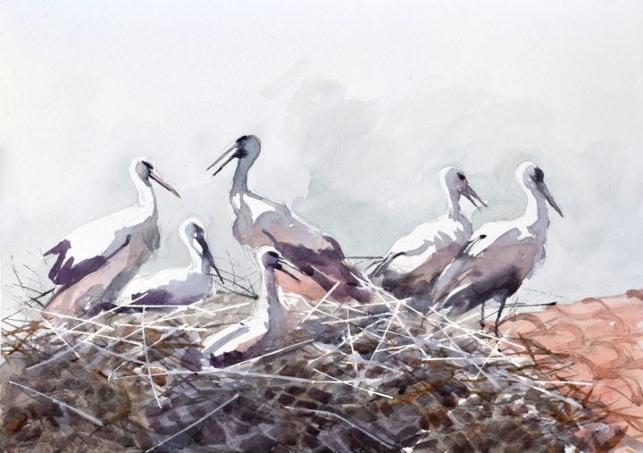 Schilderij getiteld "Storks in the nest" door Goran Žigolić (watercolors), Origineel Kunstwerk, Aquarel