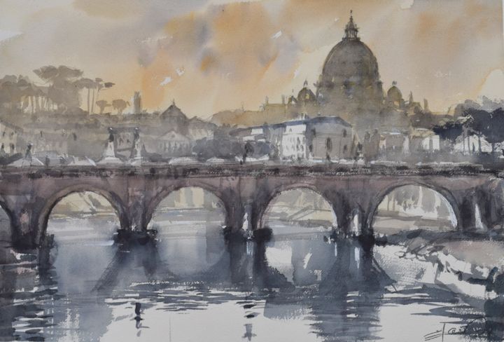 Painting titled "The angels' bridge…" by Goran Žigolić (watercolors), Original Artwork, Watercolor