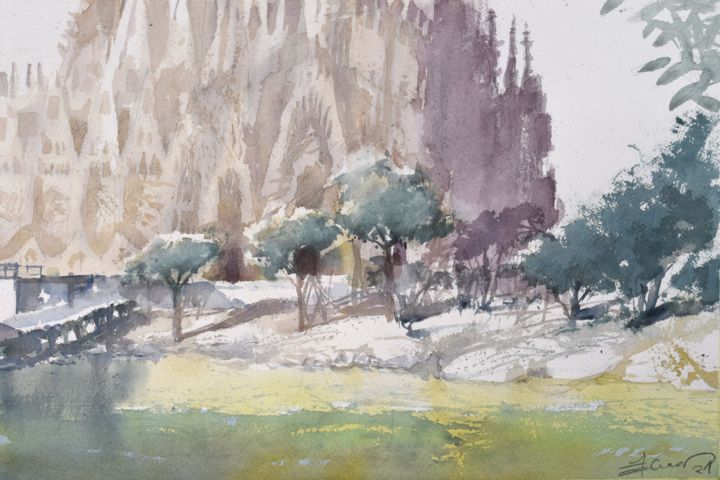 Painting titled "Park in Barcelona" by Goran Žigolić (watercolors), Original Artwork, Watercolor