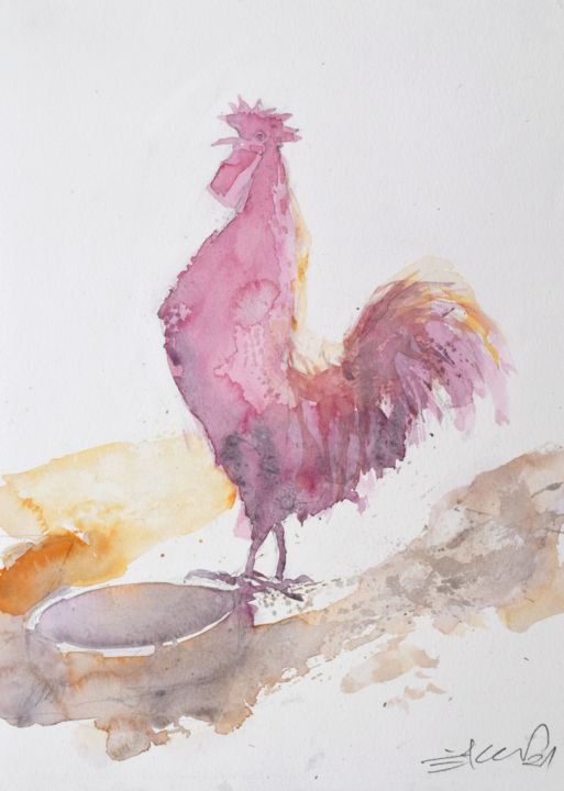 Peinture intitulée "Red rooster" par Goran Žigolić (watercolors), Œuvre d'art originale, Aquarelle