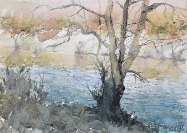 Painting titled "RIverscape with a b…" by Goran Žigolić (watercolors), Original Artwork, Watercolor
