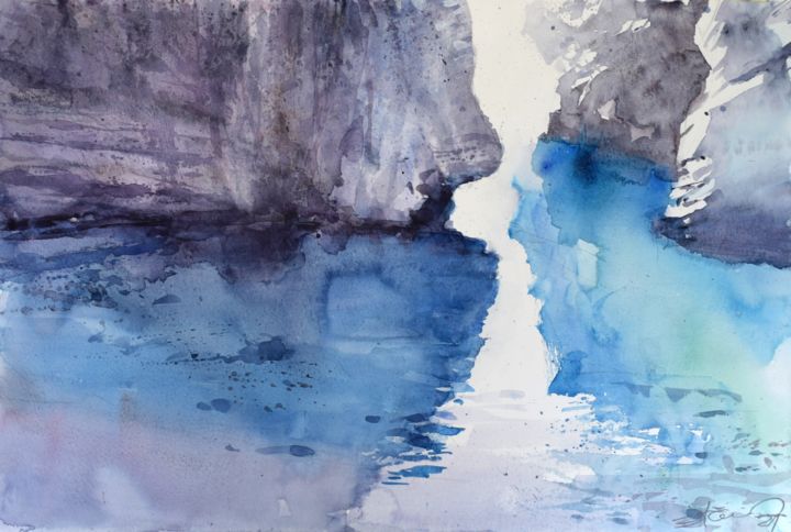 Ζωγραφική με τίτλο "Cliffs in the sea" από Goran Žigolić (watercolors), Αυθεντικά έργα τέχνης, Ακουαρέλα