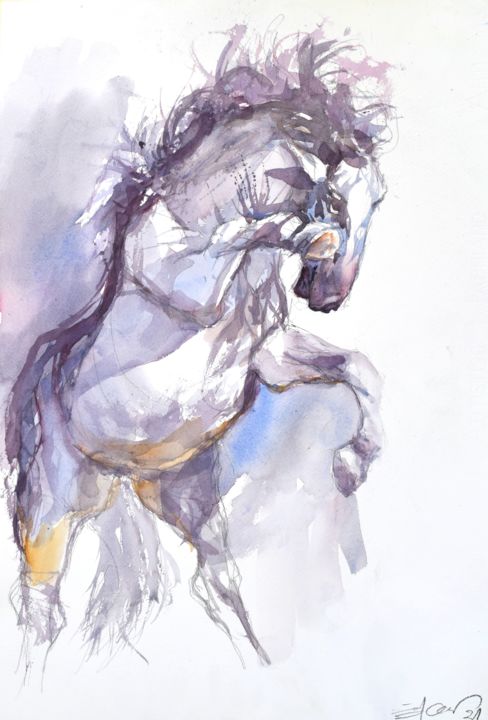 Painting titled "Cheval Blanc (White…" by Goran Žigolić (watercolors), Original Artwork, Watercolor