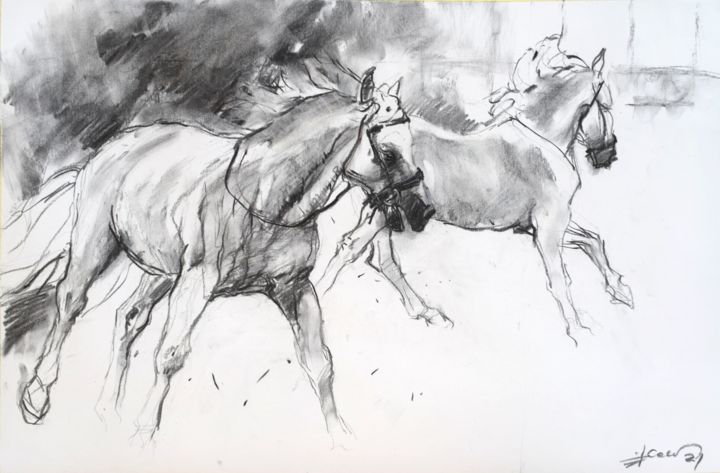 Drawing titled "Running horses" by Goran Žigolić (watercolors), Original Artwork, Charcoal