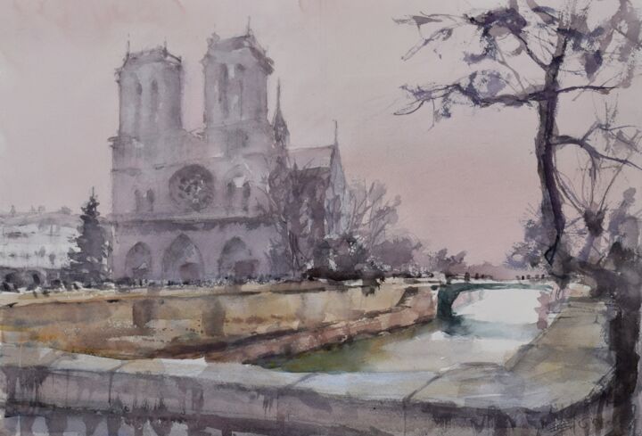 Painting titled "Walking by the Pari…" by Goran Žigolić (watercolors), Original Artwork, Watercolor