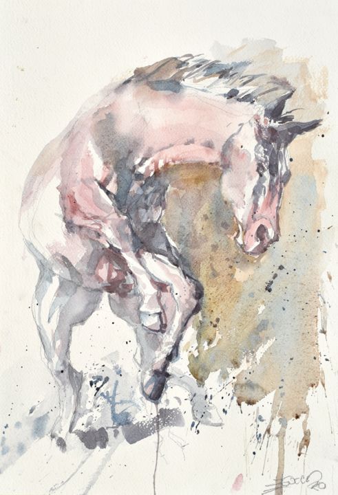 Painting titled "Horse in the jump" by Goran Žigolić (watercolors), Original Artwork, Watercolor