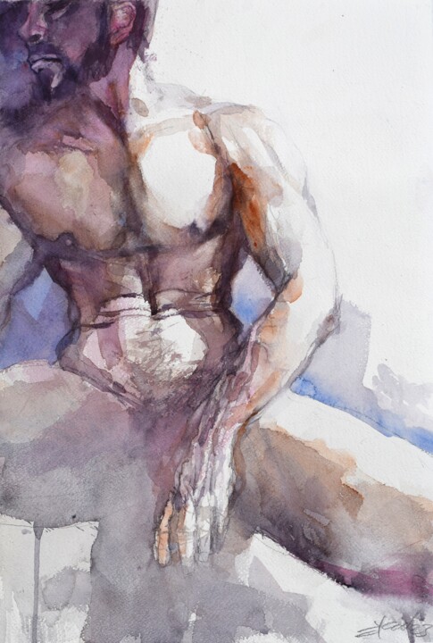 Pintura titulada "Nude man sitting po…" por Goran Žigolić (watercolors), Obra de arte original, Acuarela