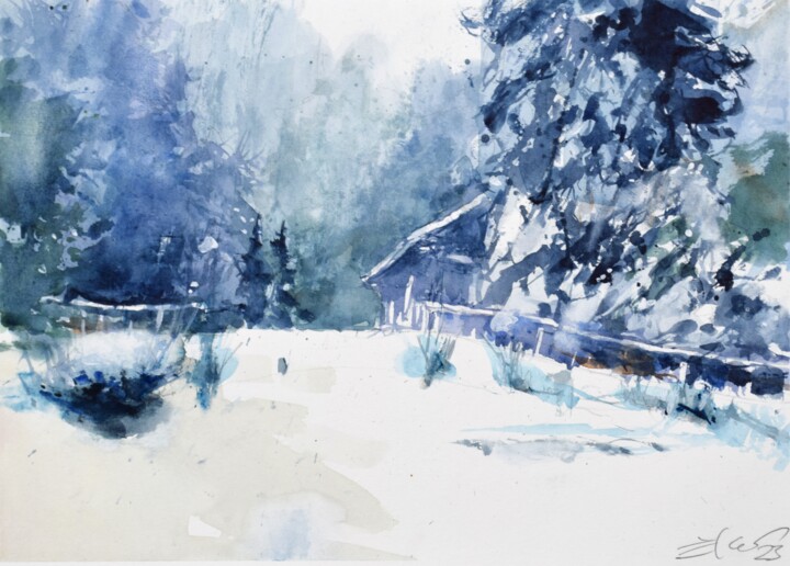 Painting titled "Snowscape with big…" by Goran Žigolić (watercolors), Original Artwork, Watercolor